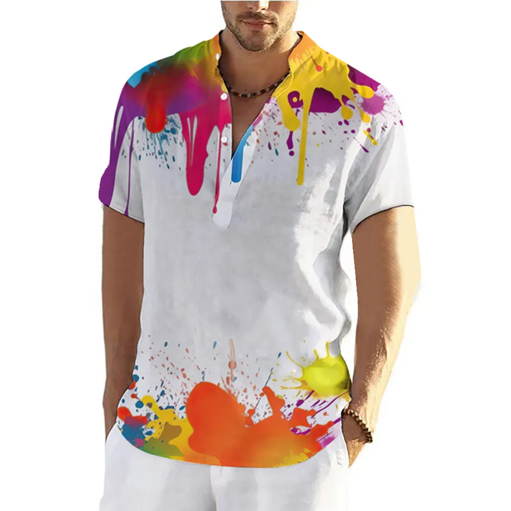 Zomer Graffiti 3D Gedrukt Henley Shirts Herenmode Oversized Knop Stand Kraag Korte Mouw T-shirt Tees Tops Man Kleding