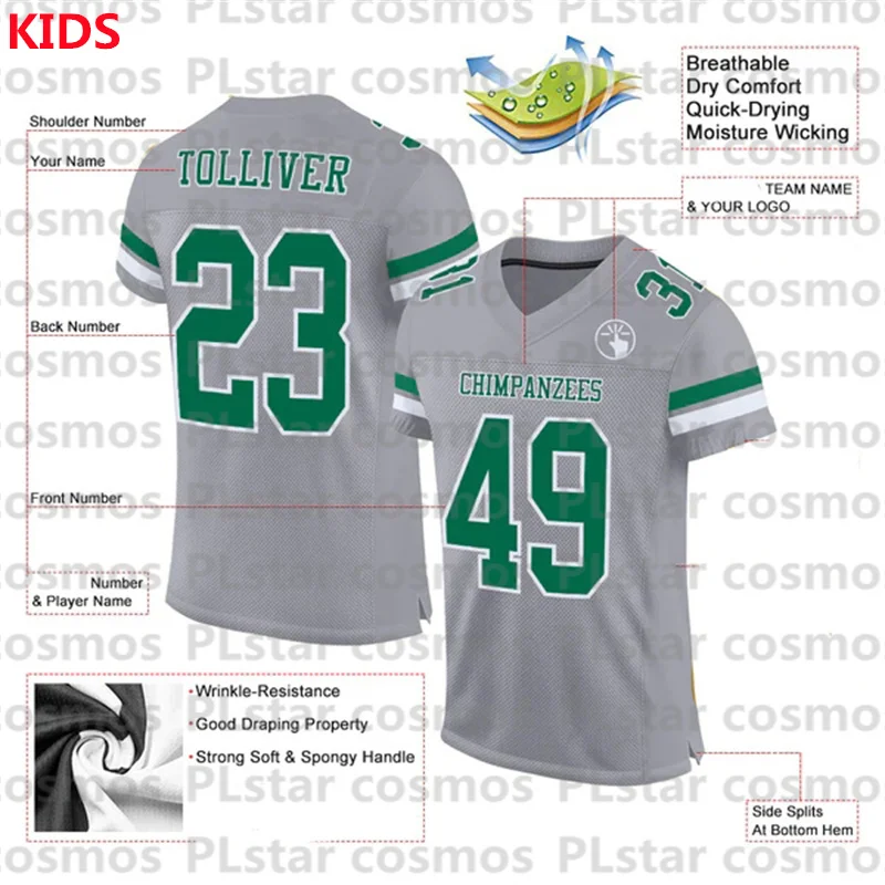 Custom Gray Kelly Green-White Mesh Authentic Football Jersey 3D Printed Kids Football Jersey Boys Tops Girl Tees