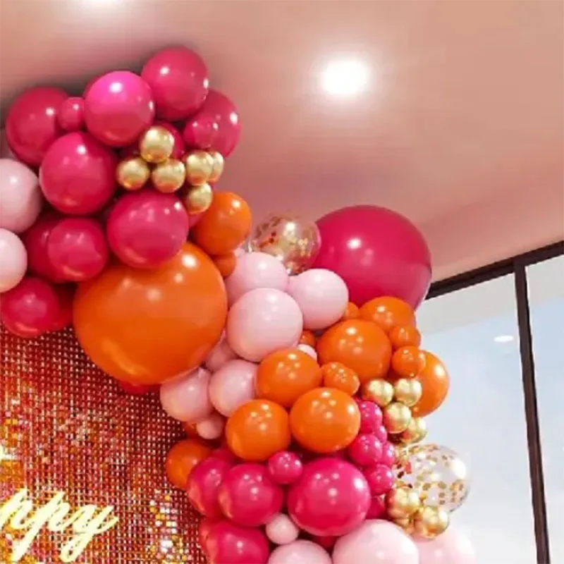 طقم قوس بالونات لاتكس وردي وبرتقالي مكون من 123 قطعة - زينة حفلات بألوان الباستيل لعيد الميلاد وحفلات استقبال المولود الجديد وحفلات الزفاف وحفلات الزفاف
