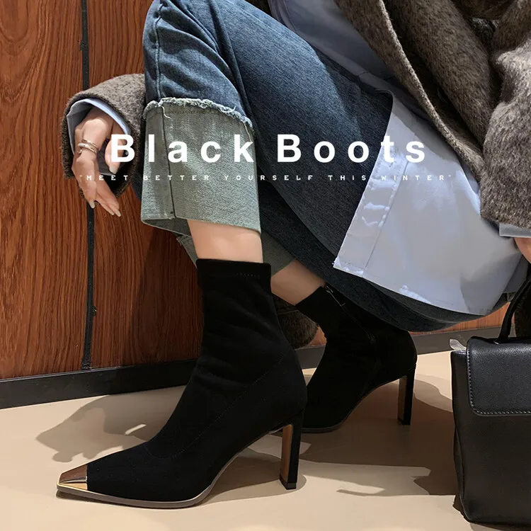 Khaki Suede Women Autumn Ankle Boots Metal Square Toe Elastic Short Botas Black Stretch Fabric High Heels Botines Large Size 42