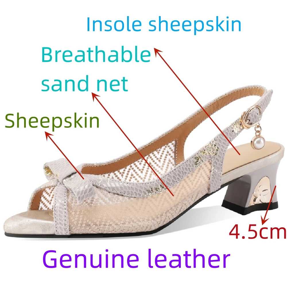 【EUNICE YUN】New Solid Genuine Leather Sandals Women Square Med Heels Shoes Mixed Colors Summer Ladies Dress Shoes 34-40