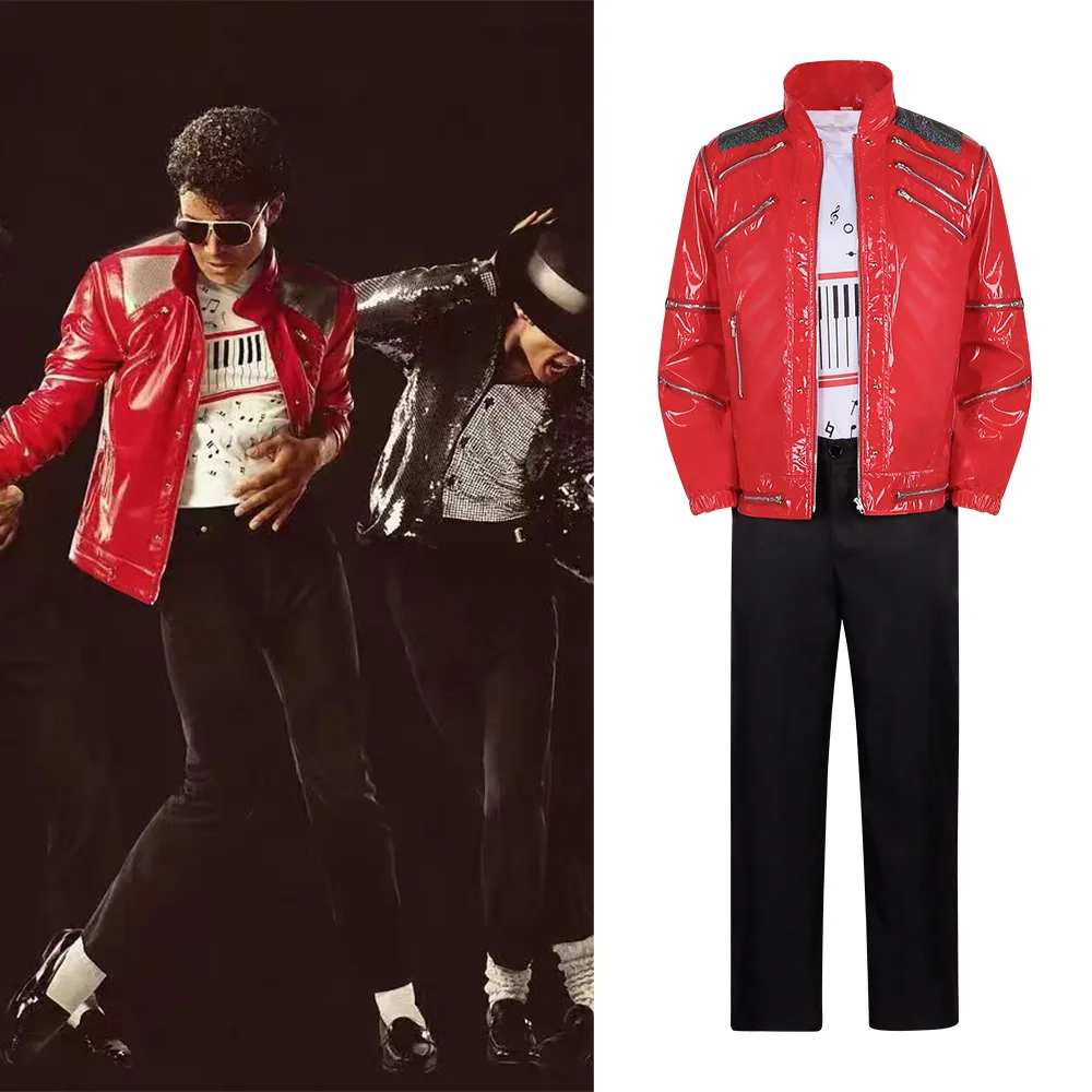 Michael Jackson Red Leather Jacket Cosplay Costume - MJ Thriller Stage Performance Outfit for Halloween & Roleplay