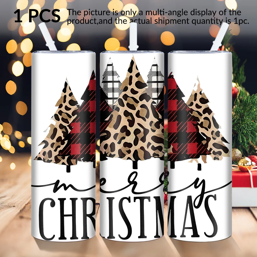 1pc 20Oz stainless steel straight cup with lid straw Leopard pine element is suitable for Christmas and Halloween as a gift.