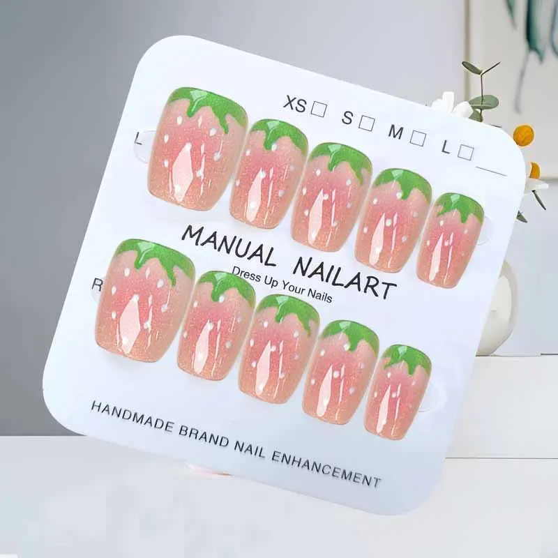 10Pcs Little Fresh Strawberry Fruit Series Crystal Strawberry Cat Eye Press on Nails with Polka Dot Simplicity False Nails Patch