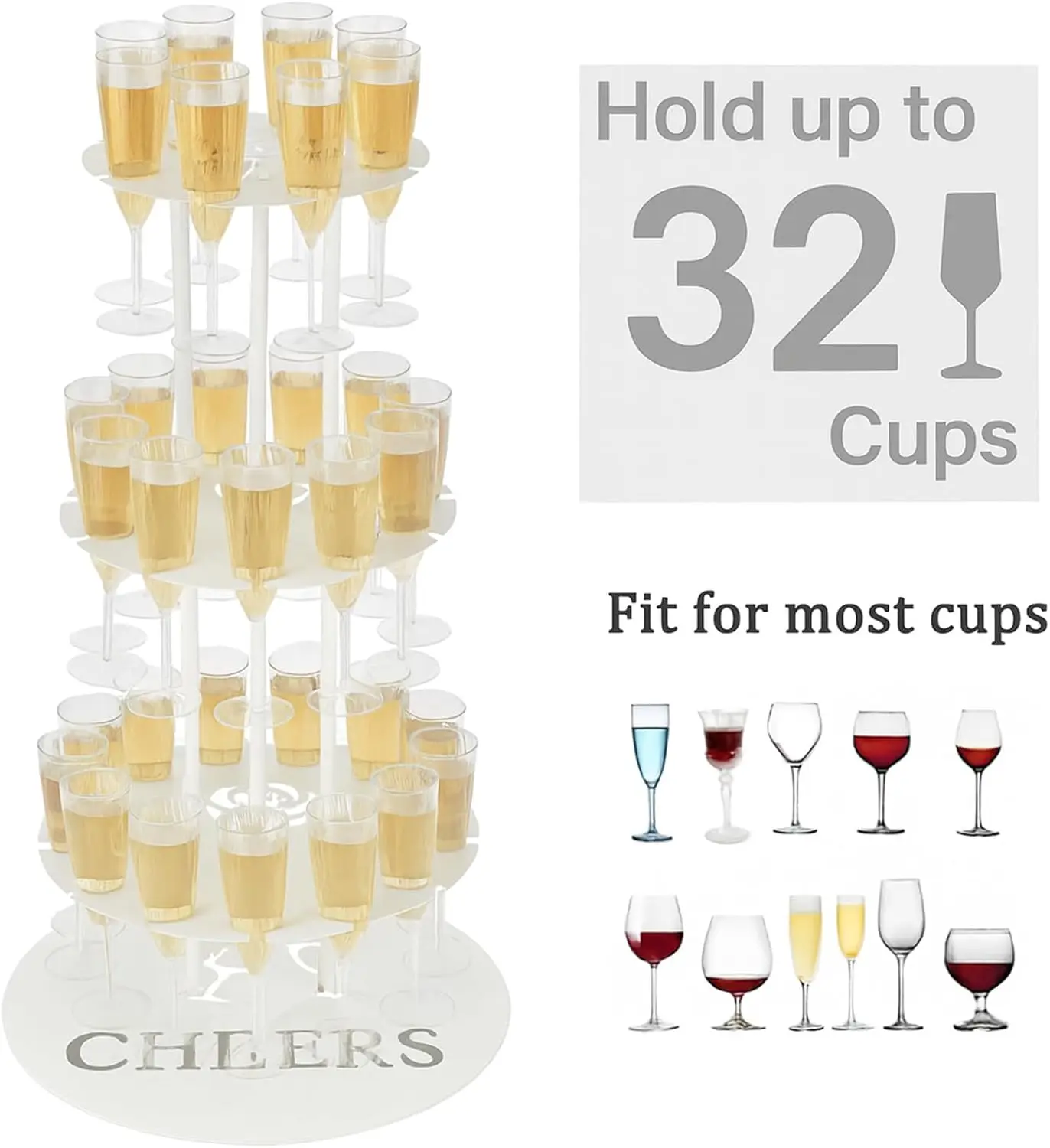 حامل فلوت شامبانيا من 3 طبقات، عرض حفلات أبيض لحفلات الزفاف والمناسبات، يحمل 32 كوبًا #4