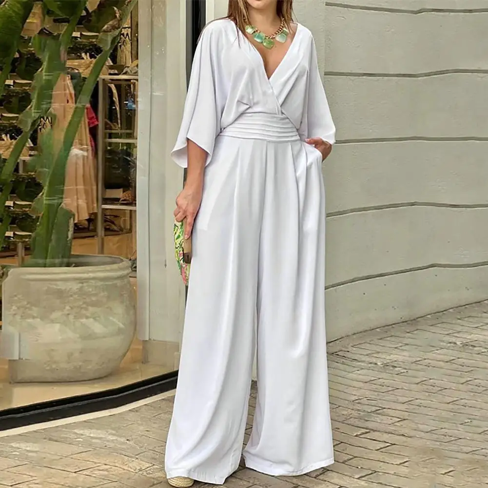 

Women Jumpsuit Summer Short Bat Sleeve Waist Tight Women Jumpsuit High Waist Straight Wide Leg Work Jumpsuit macacão feminino