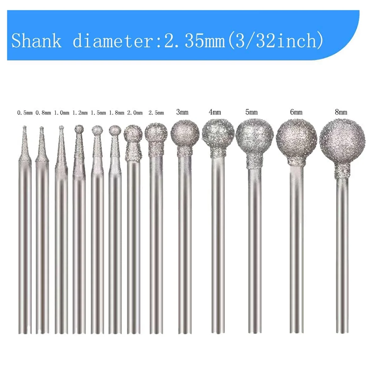 A39U 13 Pcs Ball Shape Diamond Burr Diamond Mounted Grinding Burs Stone Carving Set with 3/32 Inch Mandrel for Rotary Tools