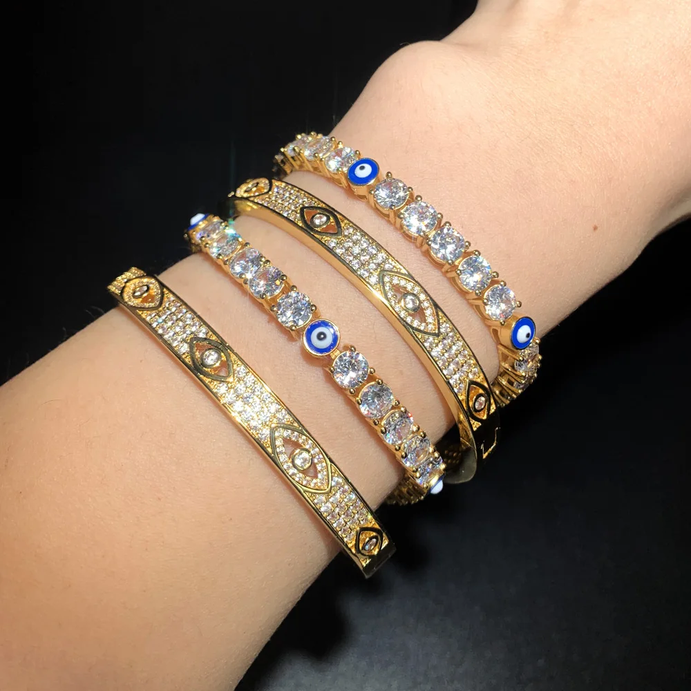 2025 New Fashion Women Turkish Jewelry Micro Pave White Cubic Zirconia CZ Round Enamel Evil Eye Charm 5MM Tennis Chain Bracelet