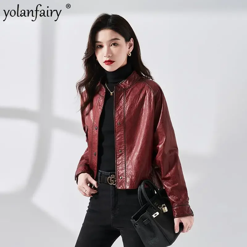 Veste en cuir véritable pour femme, manteau en cuir véritable, veste de moto courte, vintage, peau de vache d'avertissement à l'huile, vêtements d'extérieur d'automne, 2023