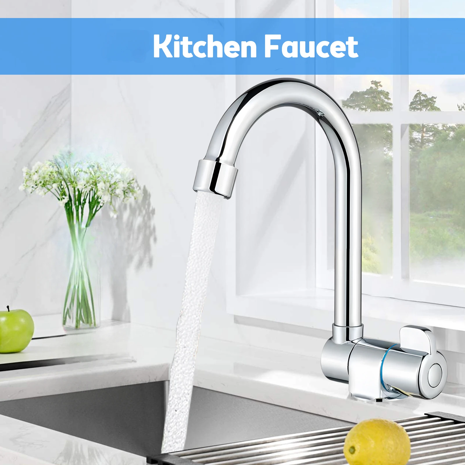 

Folding Kitchen Faucets Chrome Plated Brass 360 Degrees Rotation Folding for Inside Window G1/2 Thread Single Handle Cold Water