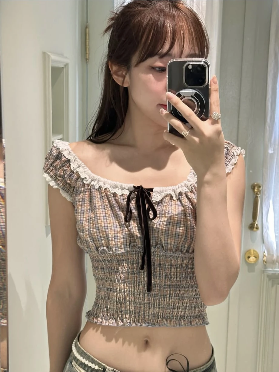 

Theba*ne*t Plaid U-Ne Wrap oulder Pleated Splice Strap Vest Top Women Sweet Sle ort Length Regular Thin