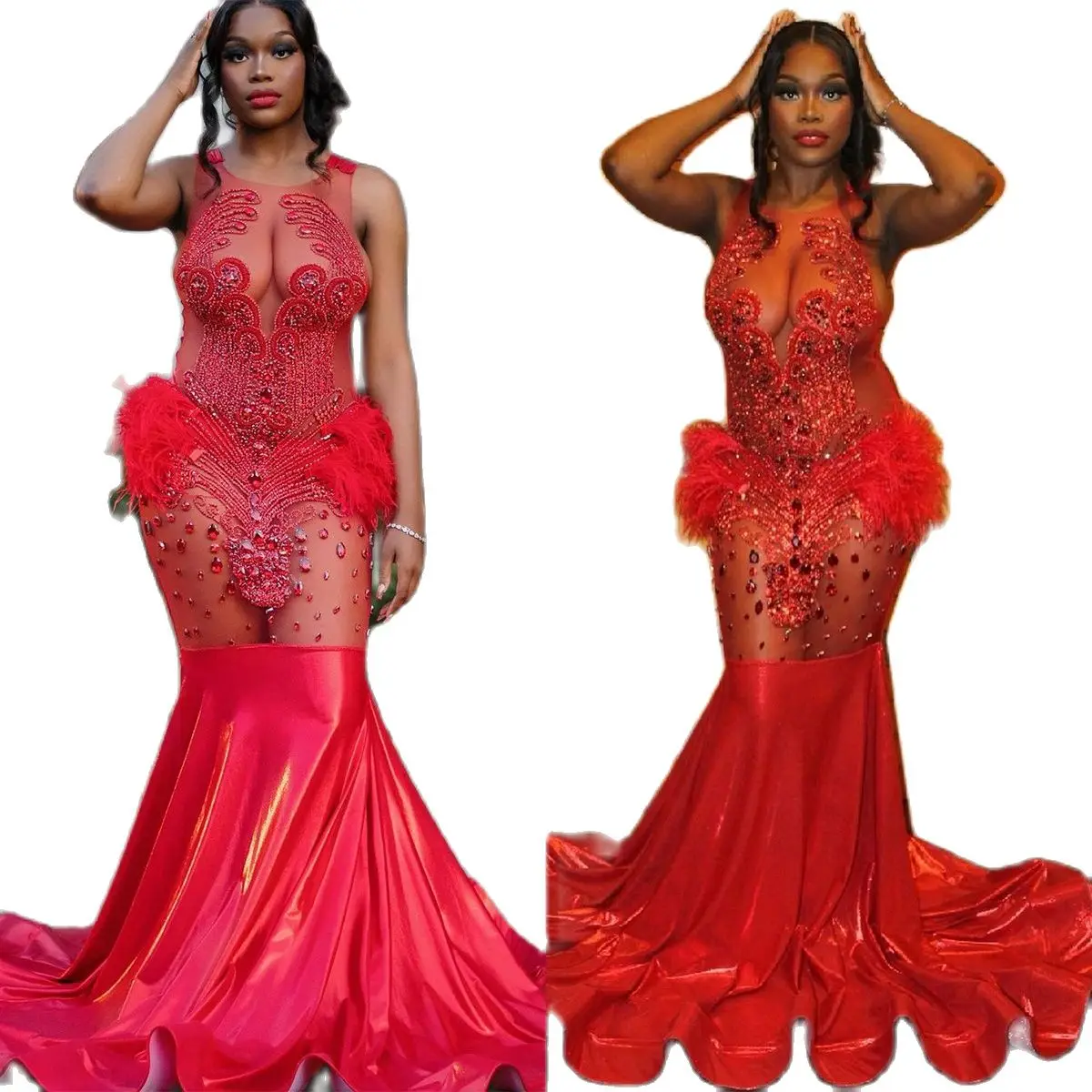 

Luxurious Mermaid Evening Dresses Sexy See Through Crystal Appliques Lace Prom Gowns Sweep Train Special Occasion Wear