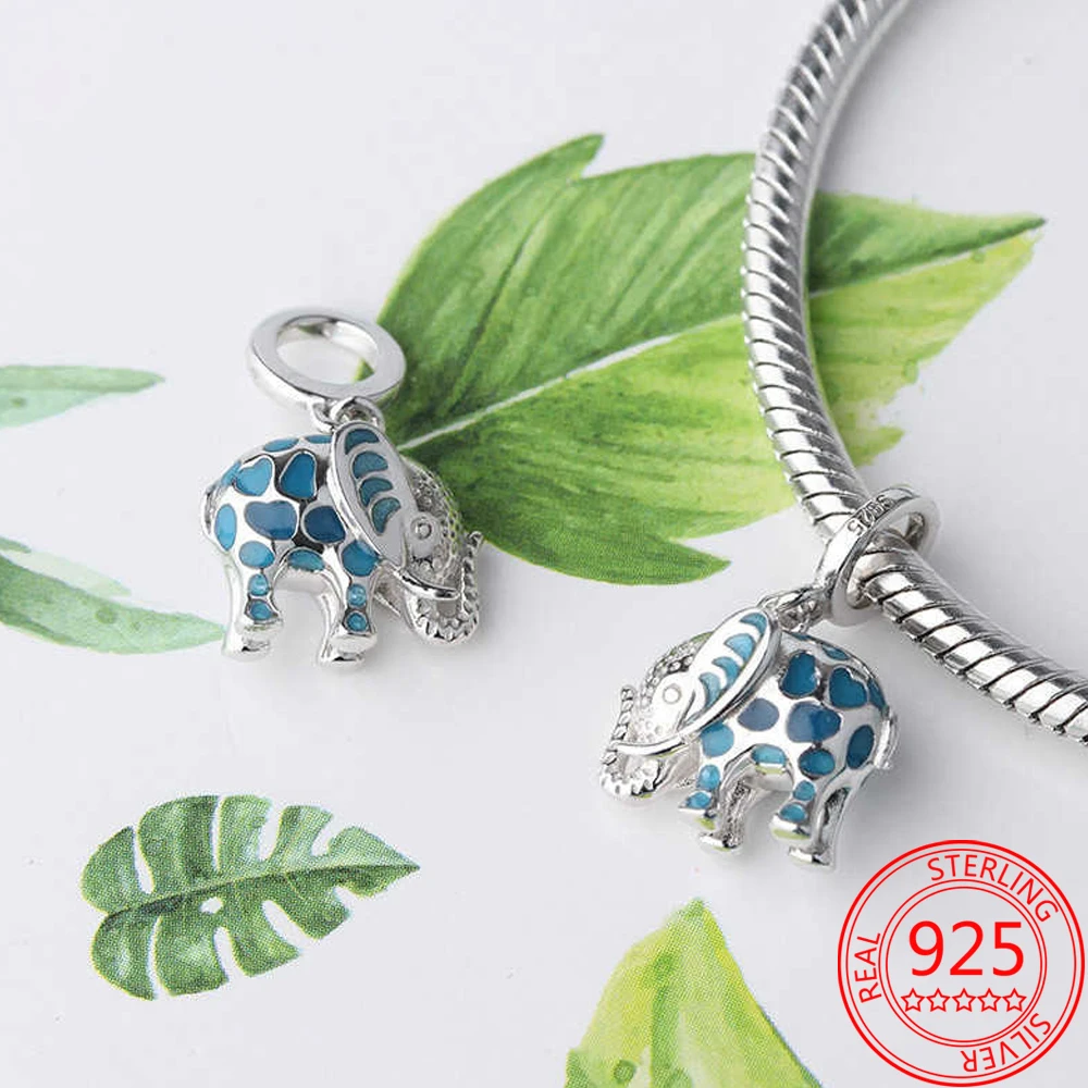 Gorgeous 925 Sterling Silver Blue Enamel 3D Elephant Charm Fits 3mm Fit Bracelet Neckla Silver Necklace DIY Girl Jewelry Gift