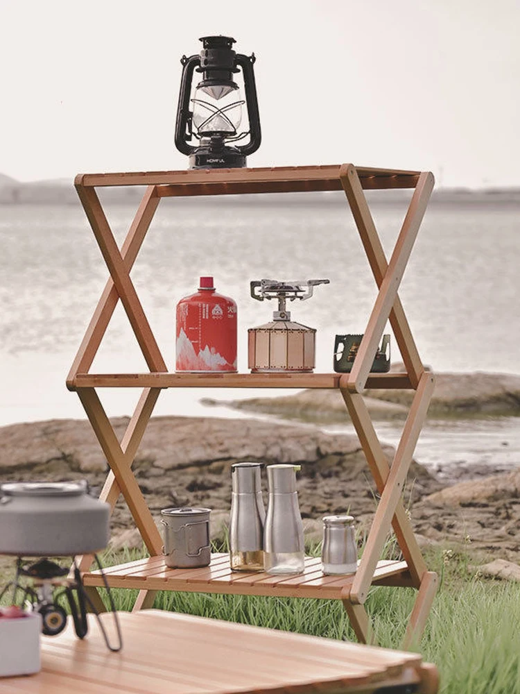 

Outdoor Rack Camping Foldable Multi-layer Portable Installation-free Bamboo Storage Rack Multifunctional Folding Table With Bag