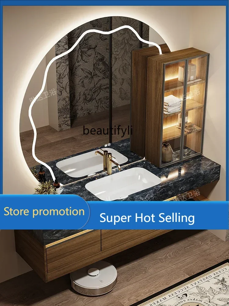 

C46 Walnut bathroom cabinet combination rock slab ceramic seamless basin light luxury washstand wash basin