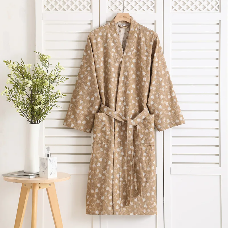 

Оптовая продажа, марлевые кимоно из чистого хлопка, халаты для пар, новые женские и мужские халаты с v-образным вырезом, ночная рубашка с принтом, женская домашняя одежда