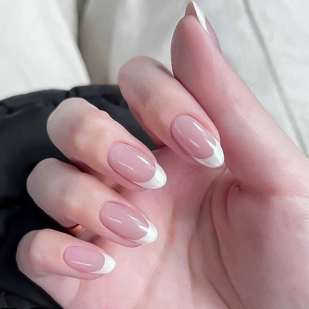 24Pcs/Box Naked Short Almond Handmade Press On Nail White French False Nail Full Cover Artificial Wearable Fake Nail Tips