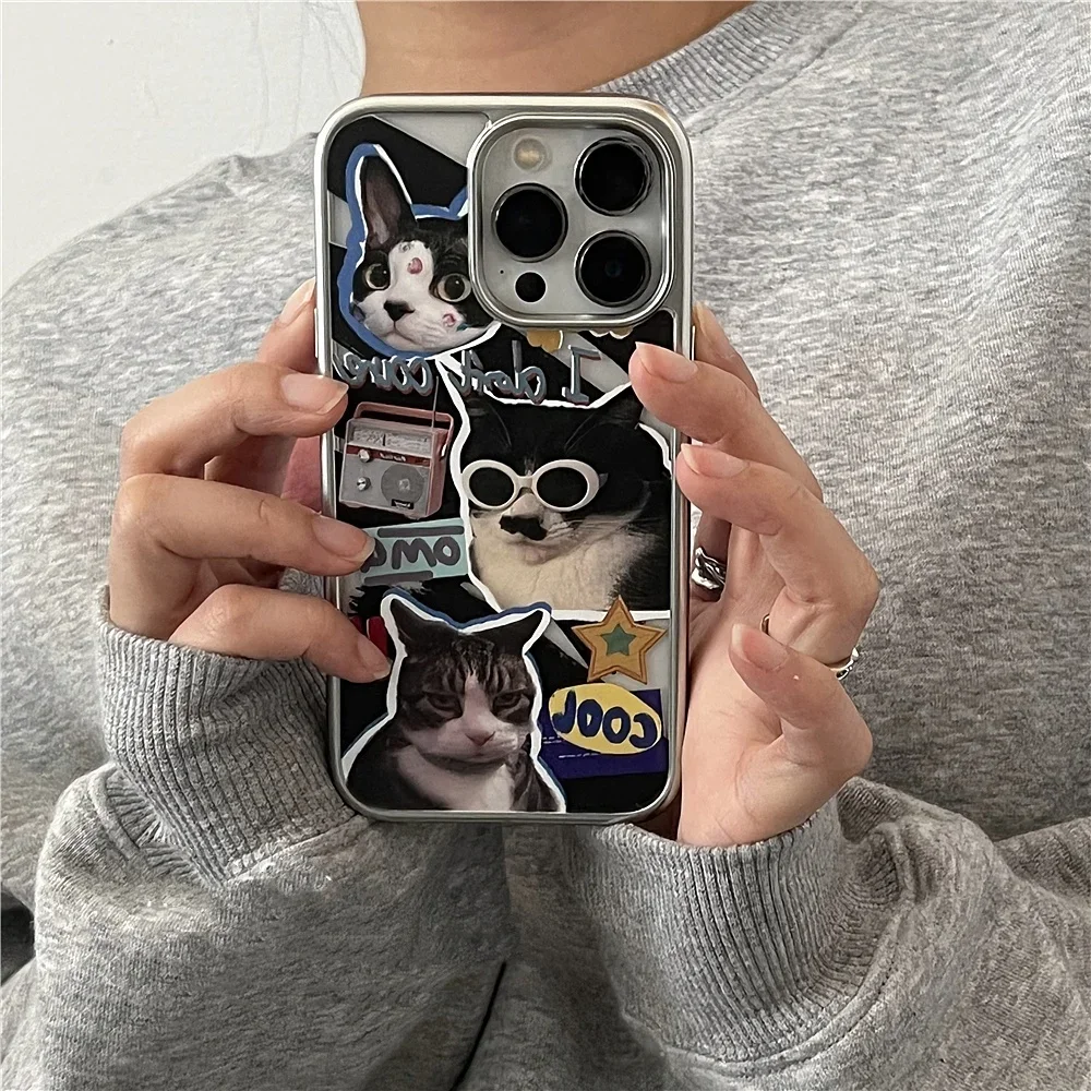 Cute Cool Cartoon Sunglasses Cat Phone Case For iPhone 16 15 14 13 12 11 Pro XS Max X XR 7 8 Plus Y2K Electroplated Frame Cover