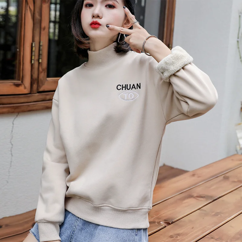 

ZOUXO Sweatshirt Women 2024 Spring Autumn Half High Collar Fleece Sweatshirt Versatile Kpop Thickened Loose Pullovers Clothes