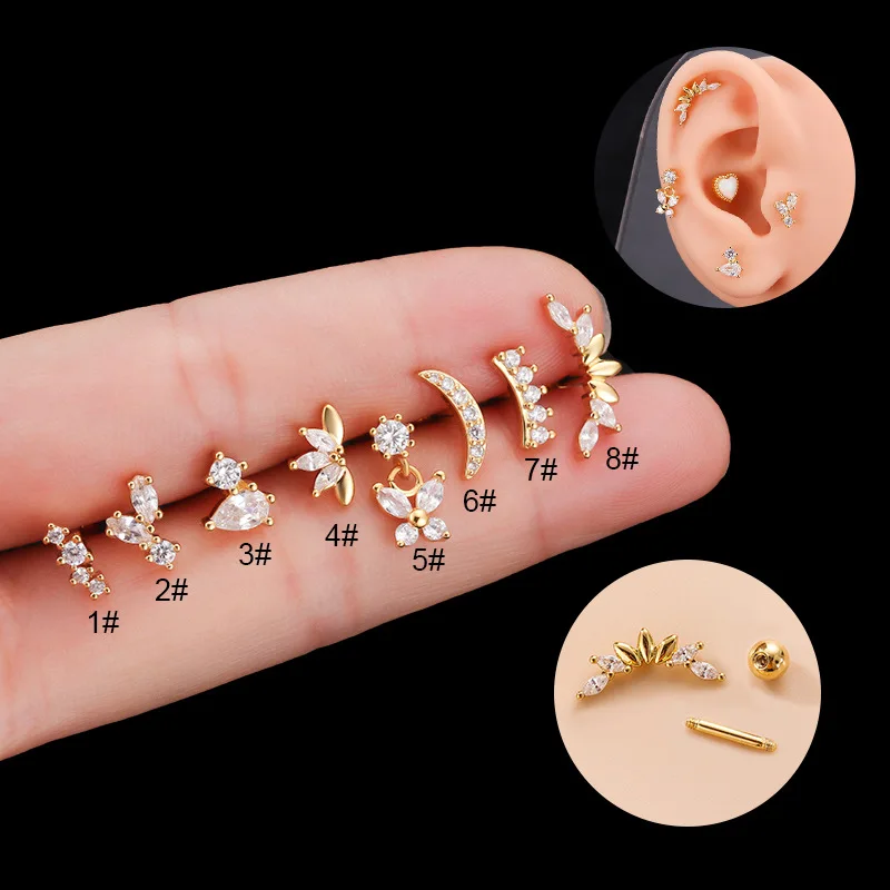 316L Chirurgischer Stahl Tragus/Knorpel Piercing-Ohrstecker, 16G Edelstahl Knorpel Zirkonia Ohrstecker für Frauen und Mädchen