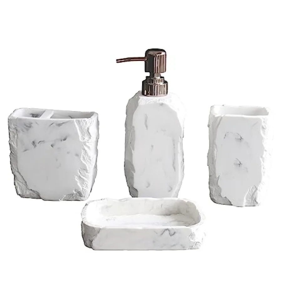 

Marble Bathroom Accessories Set with Farmhouse Design for Modern Apartment Living Includes Toothbrush Cup Soap Dispenser Soap D