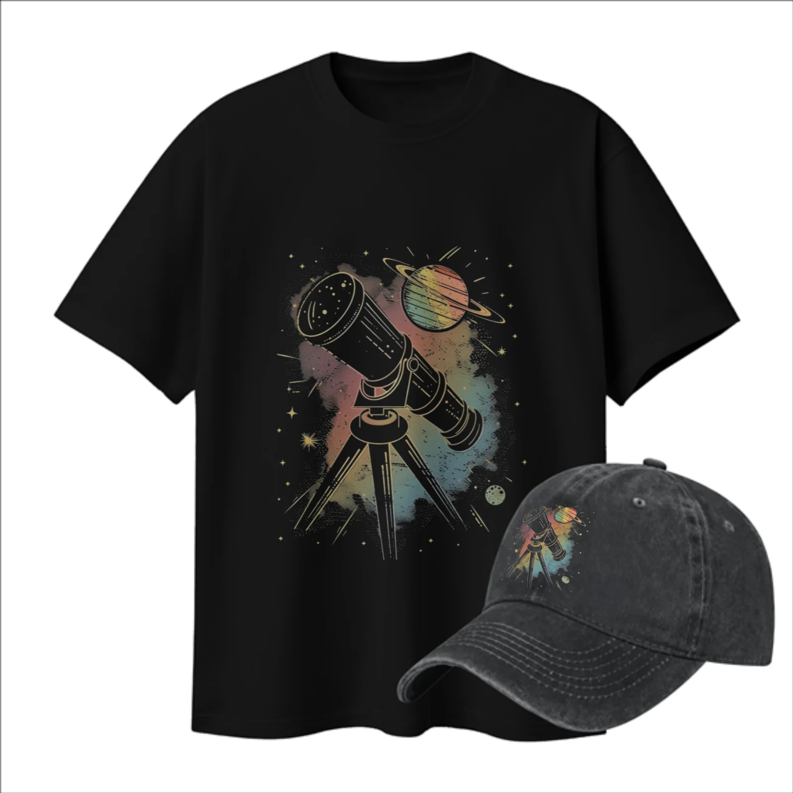 Camiseta con gráfico de astronomía de Saturno y telescopio Watercolorful y conjunto de gorra de béisbol, regalo retro para amantes del espacio