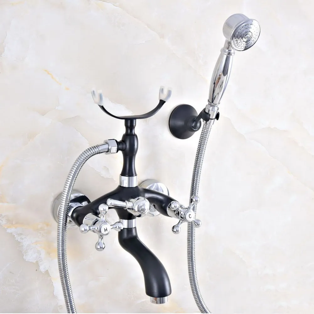 

Black Oil Rubbed & Chrome Brass Wall Mounted Bathroom Bathtub Faucet Set WITH/ 150CM Handheld Shower Spray Head Mixer Tap Dna634