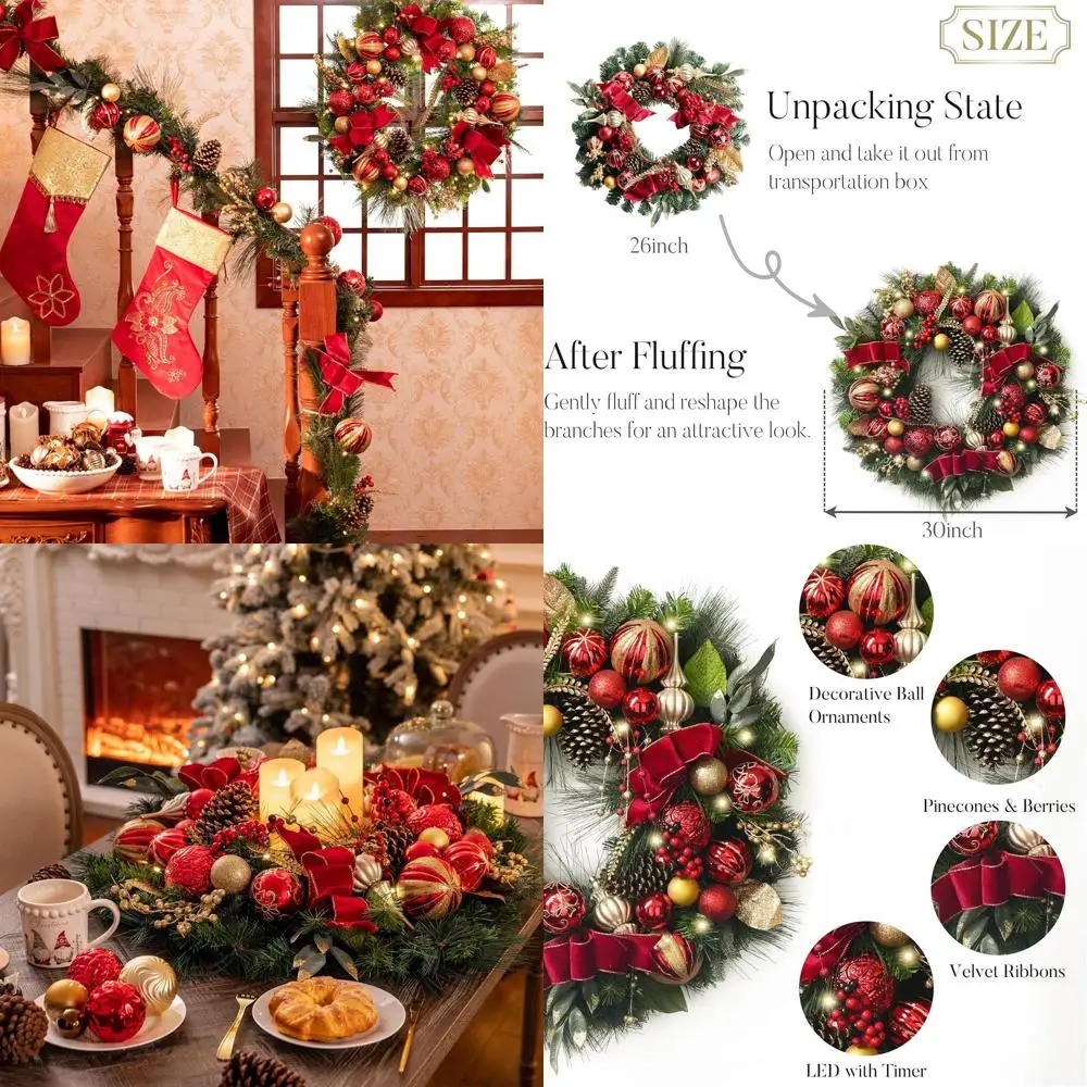 

Большой 30-световый рождественский венок с красными и золотыми шариками — уличный праздничный декор для крыльца, камина и окна