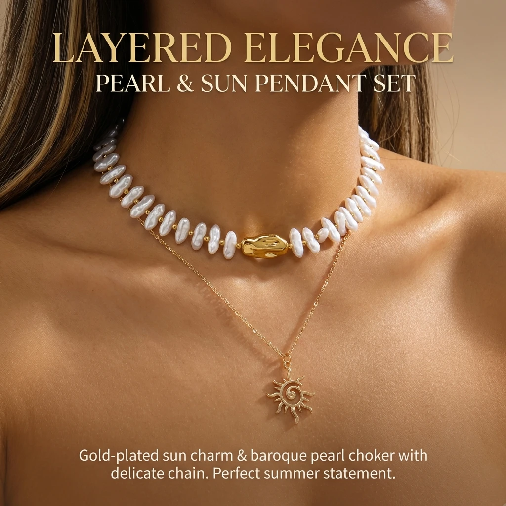 Boho Mehrschichtige Sonnenanhänger-Halskette für Frauen Unregelmäßige Perlen-Choker Statement-Schmuck Sommer Strand Urlaub Geschenk – Detail 3