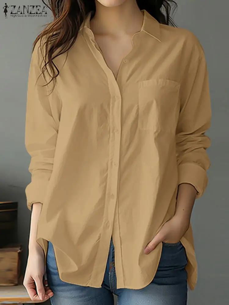 

Korean Fashion Solid Shirt Women Long Sleeve Blouse ZANZEA Casual Loose Pockets Office Lady Tops 2024 New Single Breast Tunics