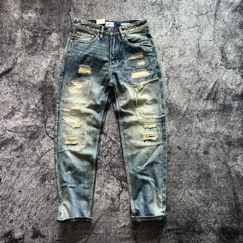 Heavyweight Worn-out Fit Straight Washed Denim Jeans Autumn Winter Retro Japanese Men's Workwear Casual Ripped Hole Beggar Pants