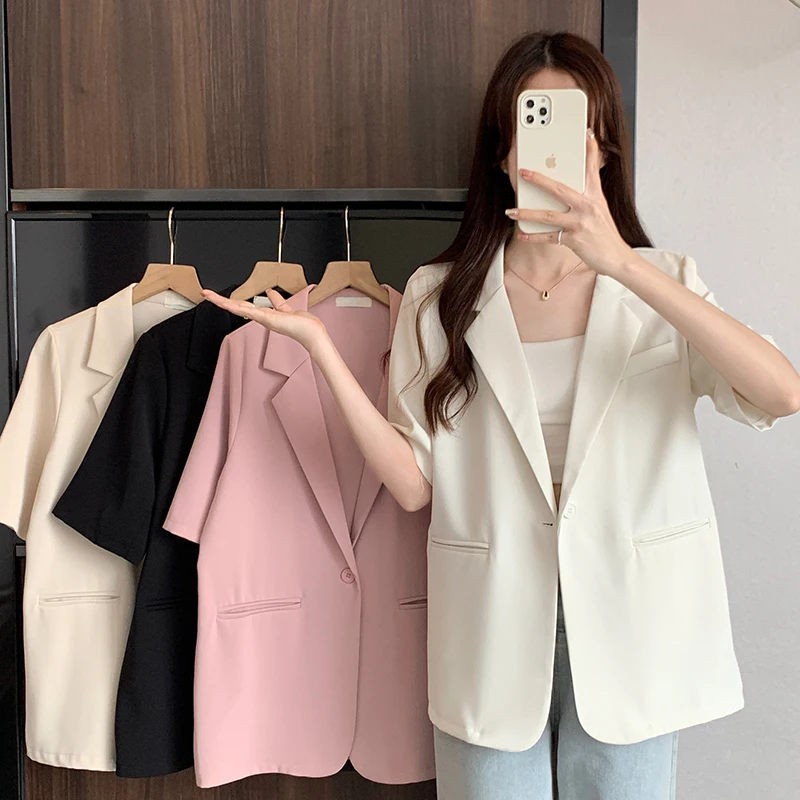 

Korean Thin Blazer Women Chic Summer Casual Solid Short Sleeve Basics Loose Notched Single Button Female Blazers