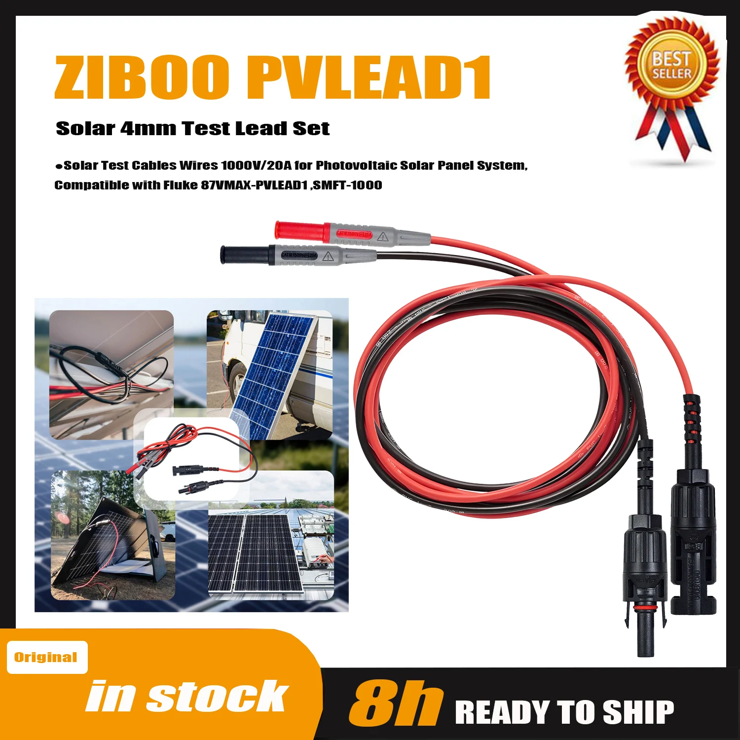ZIBOO PVLEAD1 Solar-zu-4-mm-Messleitungsset, Solartestkabel drähte 1000 V/20 A für Photovoltaik-Solarpanelsystem.