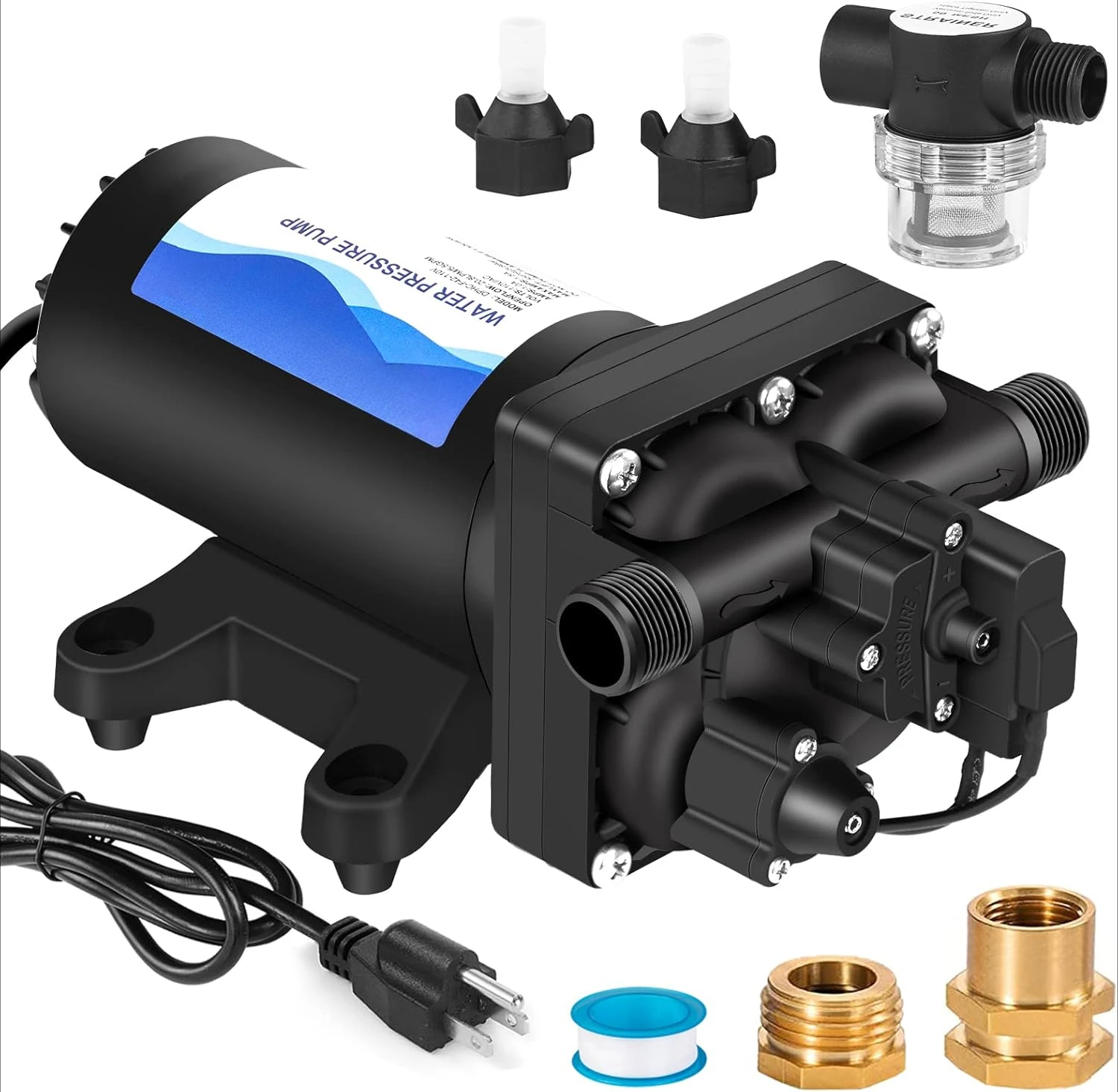 

Industrial Water Pressure Diaphragm Pump 110V 5.5GPM 55PSI On Demand RV Fresh Water Pump 110Volt include Garden Hose Adapters