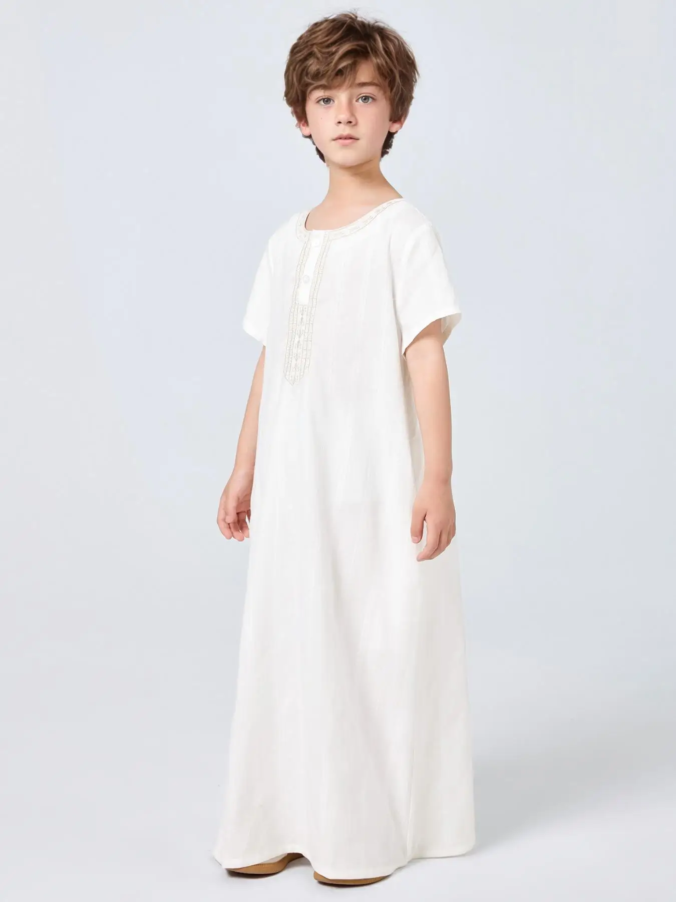 Thobe a maniche corte ricamato da ragazzo in tinta unita turco arabo musulmano mediorientale Dubai