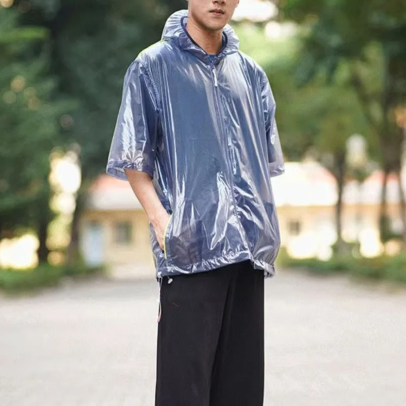 Plus Size Fashion Transparent Man Boy's Short Sleeve Hooded Zipper Rainproof Waterproof Jacket Coat Biker Motobiker Raincoat