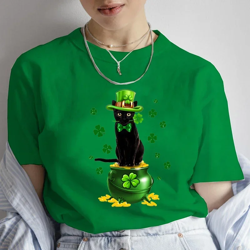 Women's T-shirt Black Cat Leprechauns St Patrick's Day Print Tee Shirts Fashion Leisure Ladies Trend Hip Hop Streetwear cotton