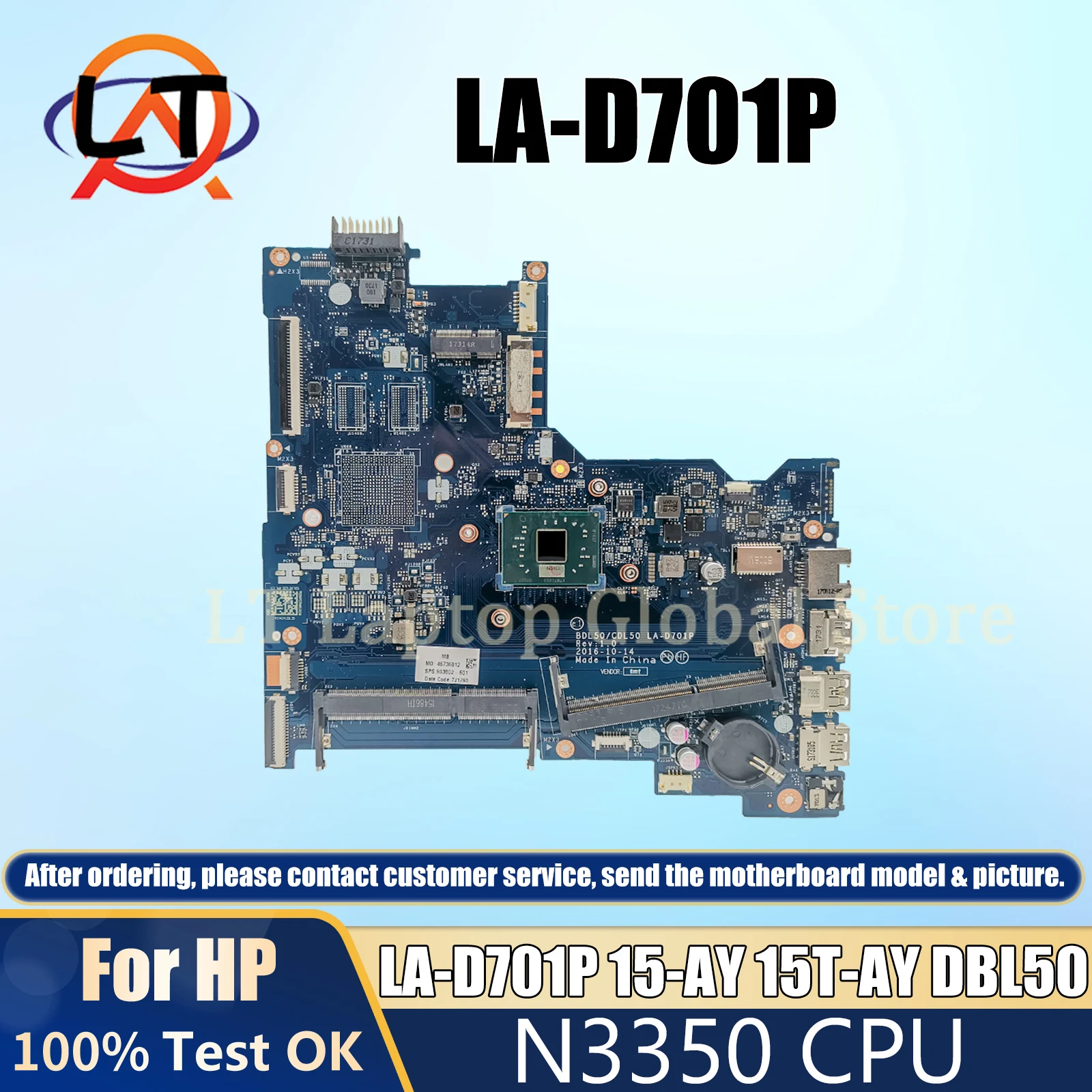 Laptop Motherboard with N3350 For HP LA-D701P Mainboard 15-AY 15T-AY DBL50 CDL50 903802-001 903802-601 CPU Fully Tested