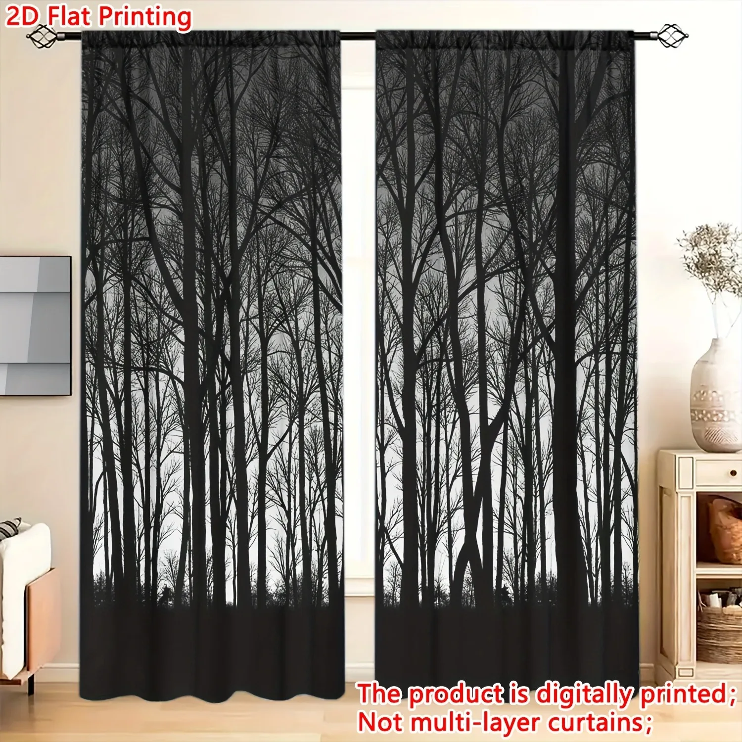 2D plan, 2 pieces, Nordic style birch tree pattern curtains - pole mouth design, privacy protection - living room, bedroom, home