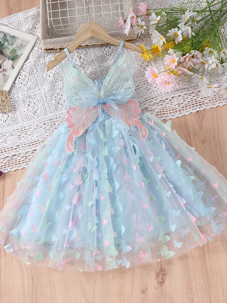 

Children's Clothing Wholesale Girls Colorful Butterfly Strap Dress Children's Stylish Mesh Dress Pure Cotton Princess Dress