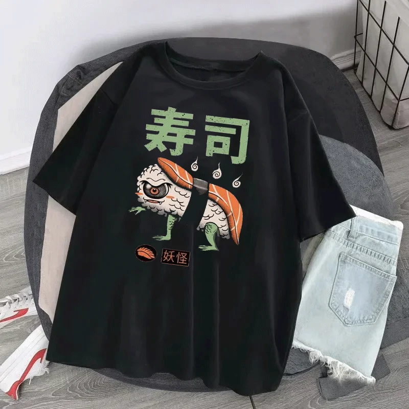 Japan Ukiyo E Style Sushi Dragon Funny Print Man T Shirt High Quality Cotton Clothing Loose Tees Fashion Cotton Shirt Women Tops