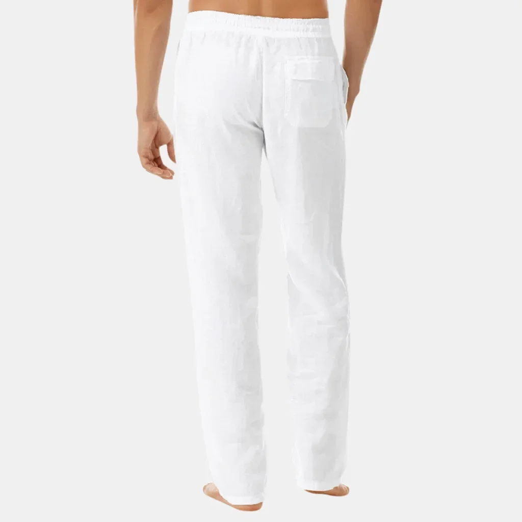 Men's Cotton Linen Pants Loose Spring Casual Pants Male Breathable Solid Color Full Length Drawstring Jogger Yoga Linen Trousers