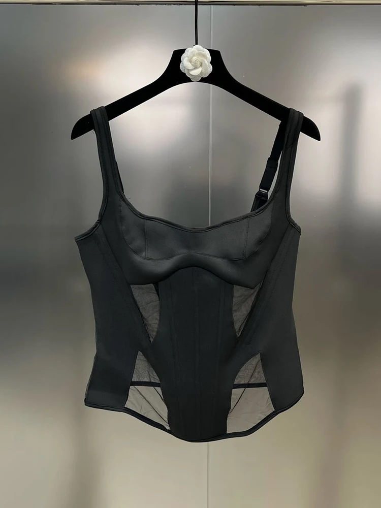 DEAT Sexy Mesh Perspective Patchwork Slim Suspend Women's Black Color Backless Sleeveless Camisole Female 2024 Summer 11XX3997