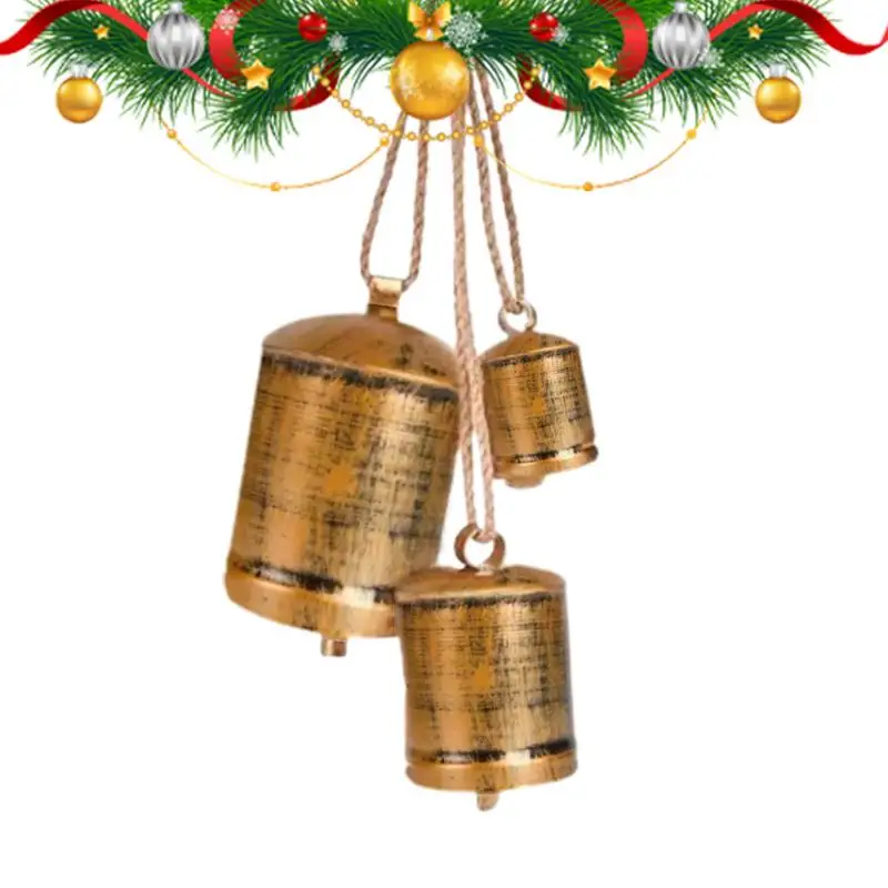 Christmas Cow Bells 3 Bells Cluster Wall Hang Decor Harmony Bells Handmade Lucky Christmas Hang Bells On Rope For Decoration