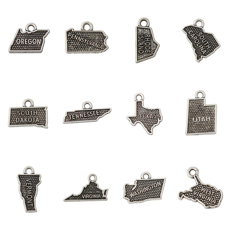 10pcs Alloy Montana Texas New Mexico Pennsylvania Wyoming Washington Tennessee US State Map Charms