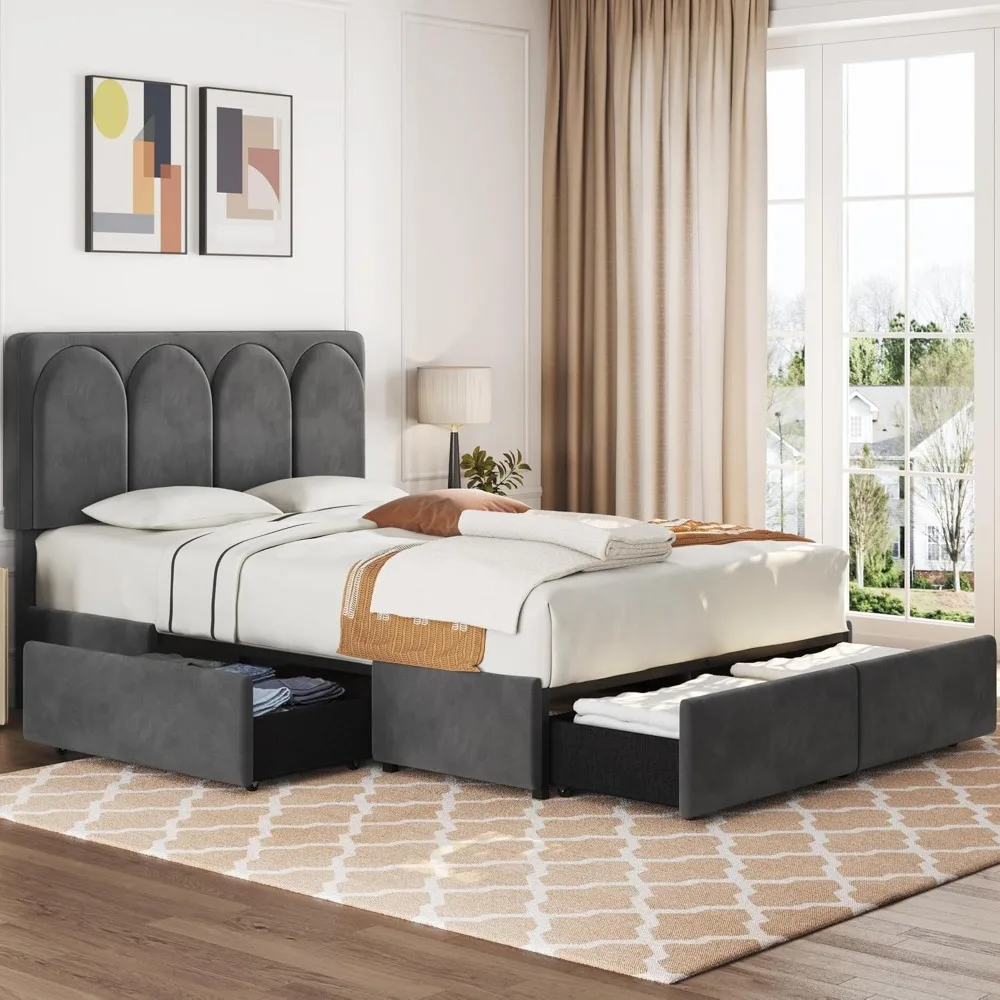 Queen Bed Frame Upholstered Platform Bed with 4 Drawers Storage and Adjustable Headboard,Arch Channel Tufted