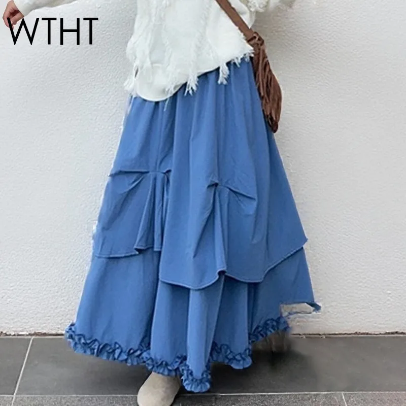 

WTHT Fashion New Women Spliced Irregular Long Skirts 2025 Autumn Trendy Elastic Waist Wrinkled Edge A-line Skirt Female 1LS2690