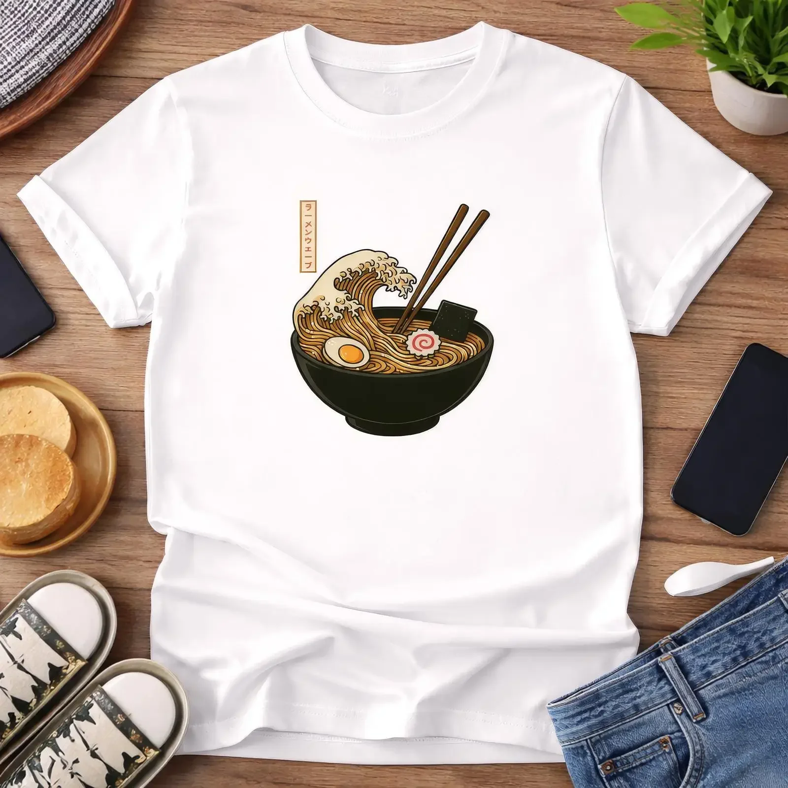 Ramen Wave Illustration T Shirt Japanese Soup Bowl Chopsticks Ukiyo e Style vintage Washed Stretched Comfortable streetwear
