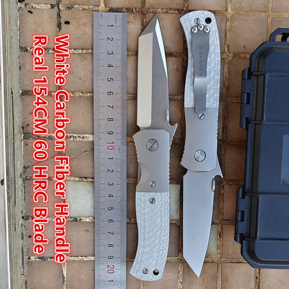 JUFULE Chisel Ground Real 154CM Blade Emerson CQC7 White Carbon Fiber Titanium Double Row Ceramic Bearings Camping Folding Knife