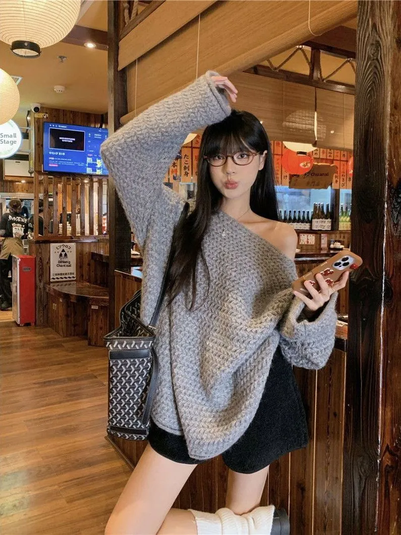 Extra großer Vintage Slant Oulder Long Sve Pullover Jaet Damen Herbst Plus Größe 2300Pou Schlankheitsstrick irt